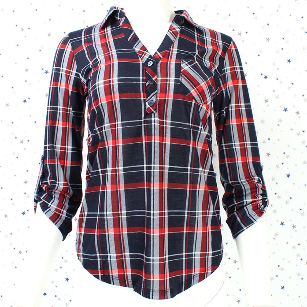 Navy / Red Henley Knit Plaid Top Pre-rolled 3/4 Sleeve